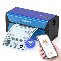 The MUNBYN RW401 blue wireless thermal printer, for WiFi printing, can be used with MUNBYN Print app.