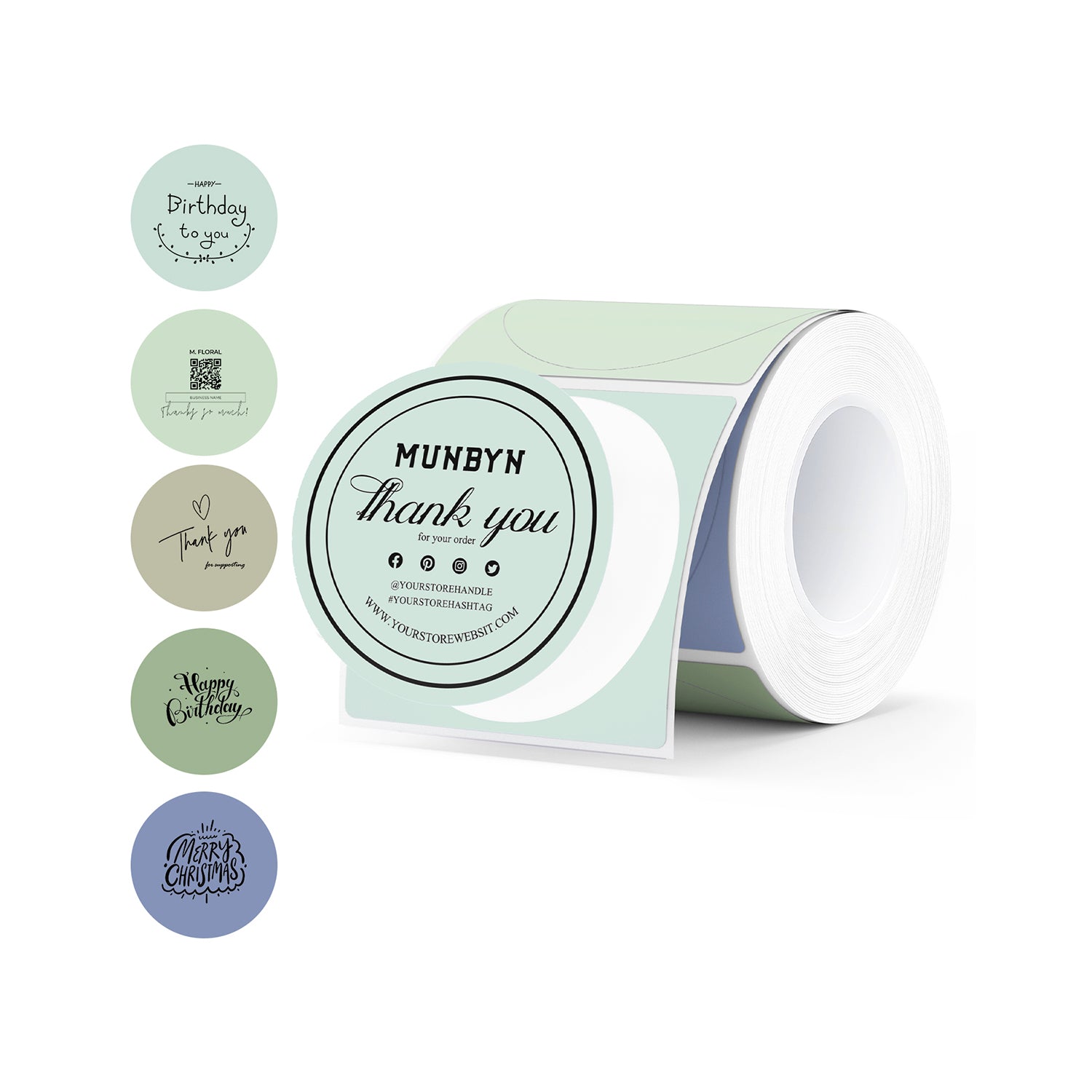 Roll of round pastel thermal labels for thank you, happy birthday, and Merry Christmas