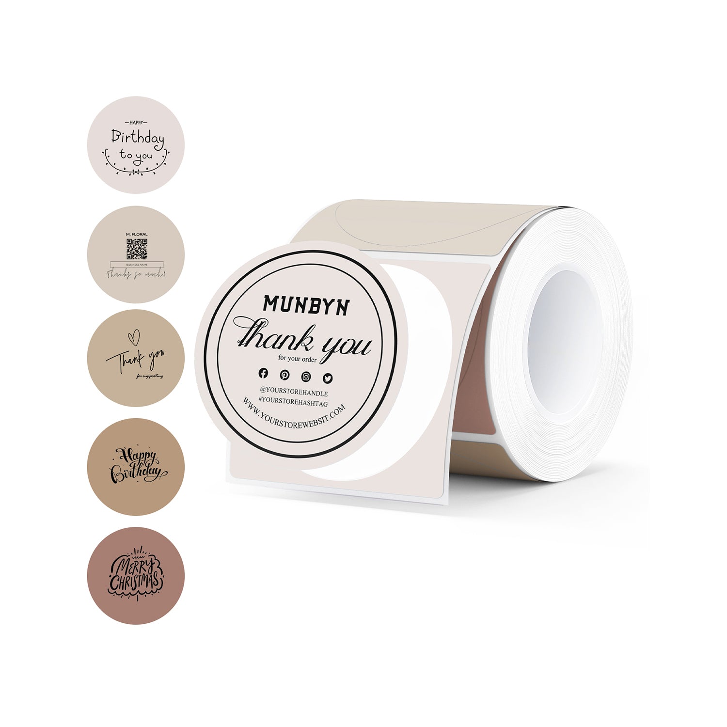 Assorted round thermal label stickers on a roll with thank you and birthday messages, for packaging.