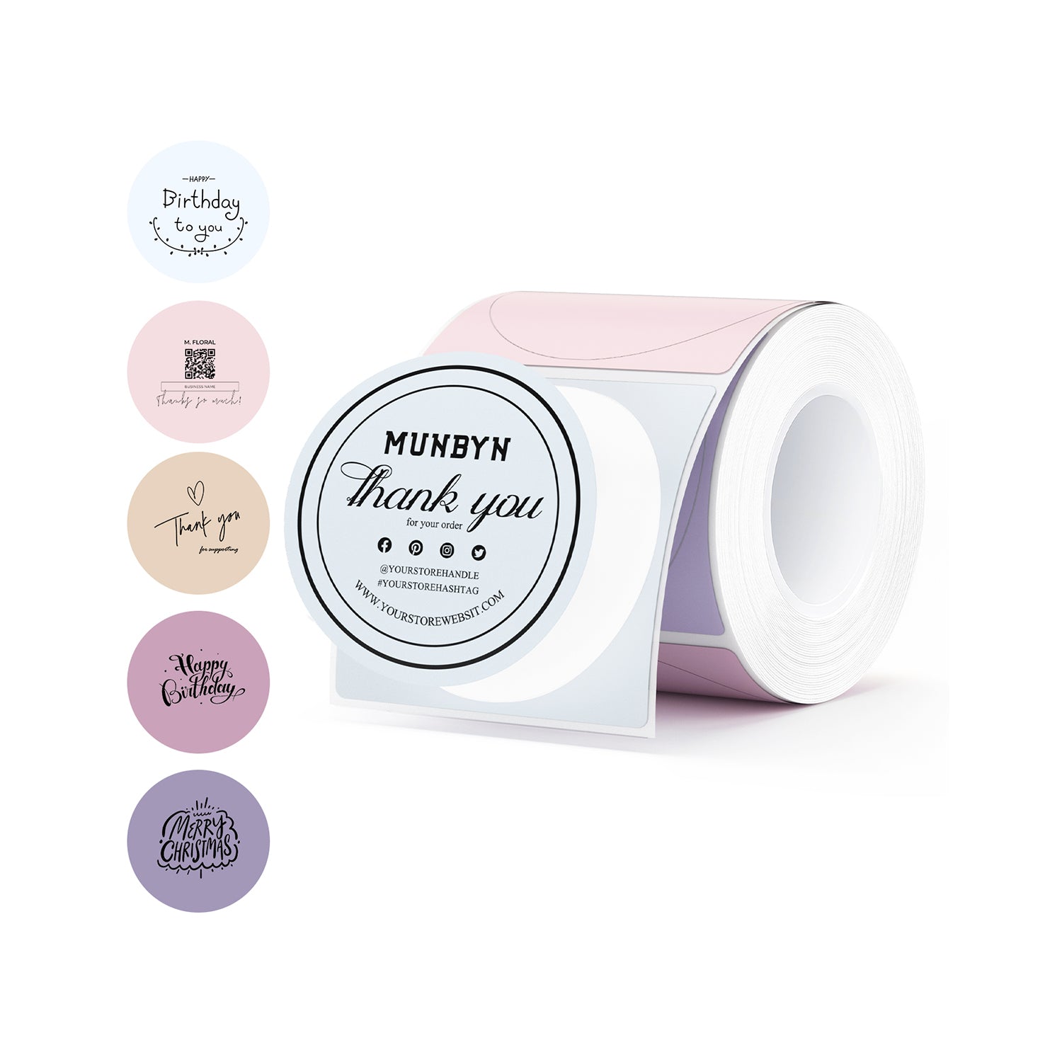 Colorful round thermal printable label stickers for packages, including thank you, birthday, and holiday designs.