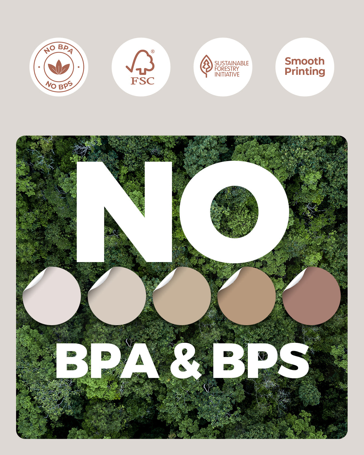 Eco-friendly thermal labels, BPA and BPS free, FSC certified, smooth printing icons over forest