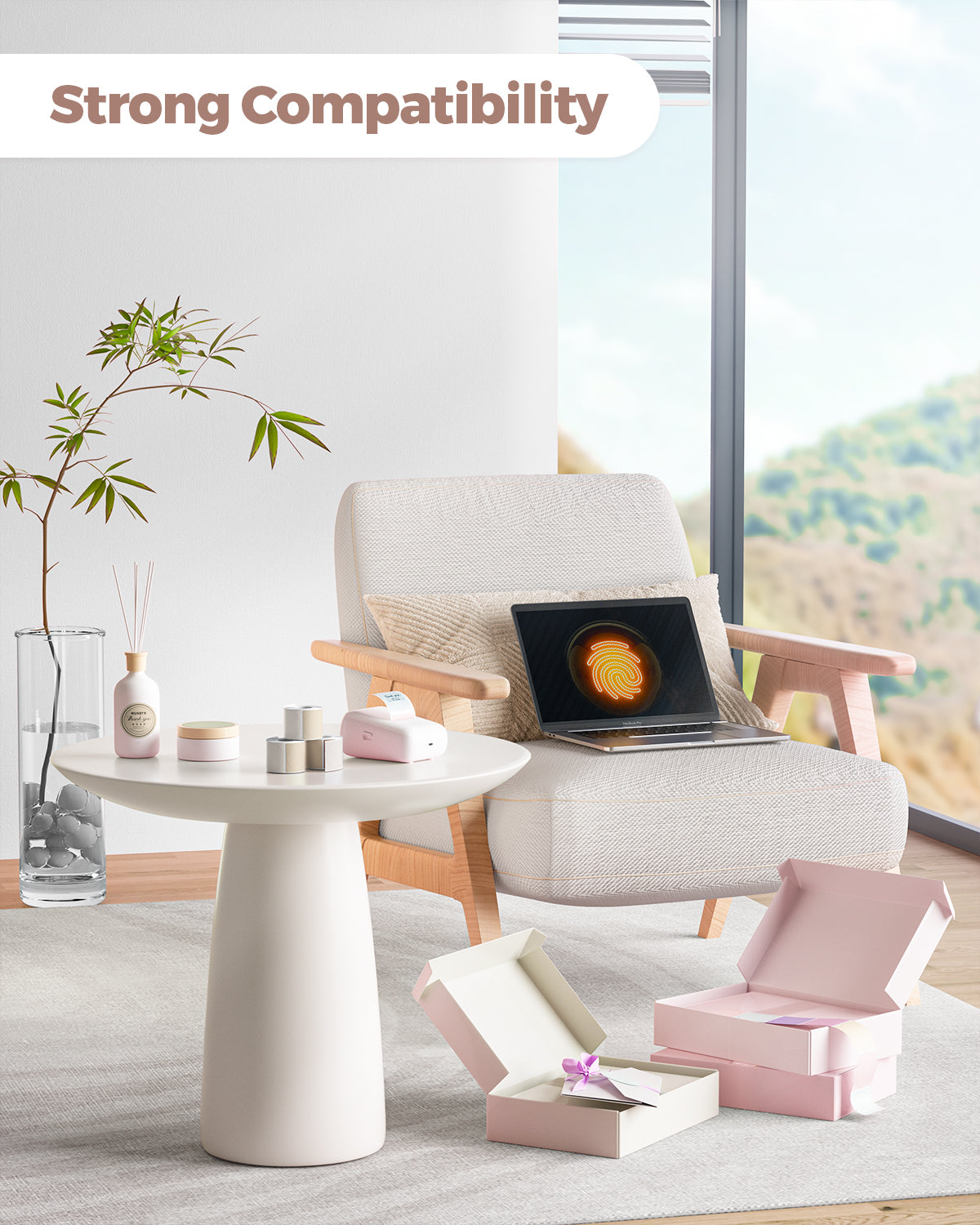 Thermal label printer on modern table with shipping boxes and laptop in a bright room