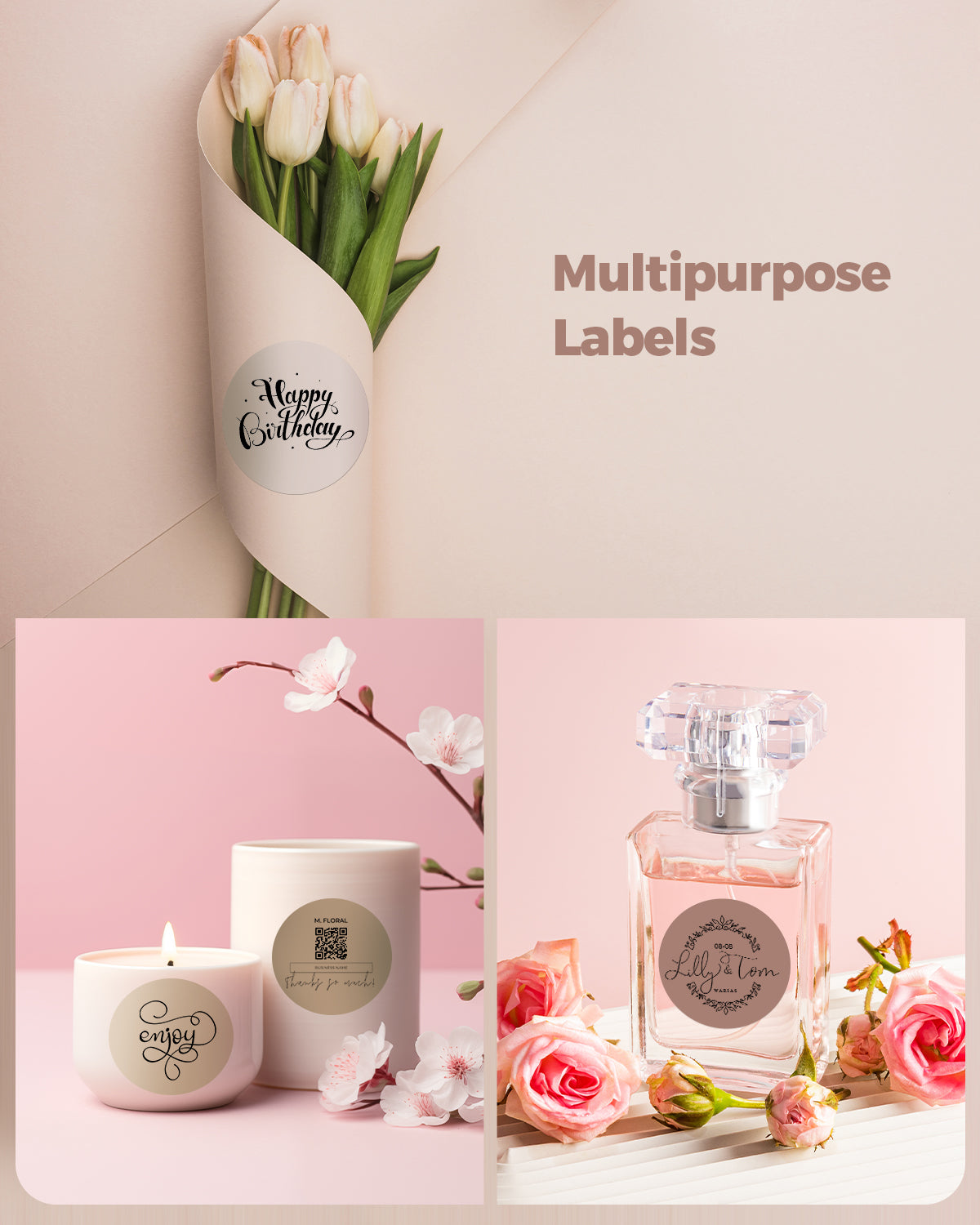 Multipurpose adhesive round labels on bouquet, candle, and perfume bottle with flowers.