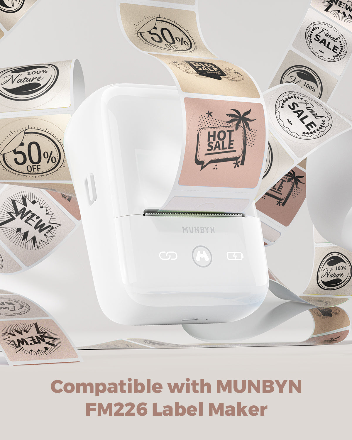 White thermal label printer with assorted sale and product labels, compatible with FM226 Label Maker