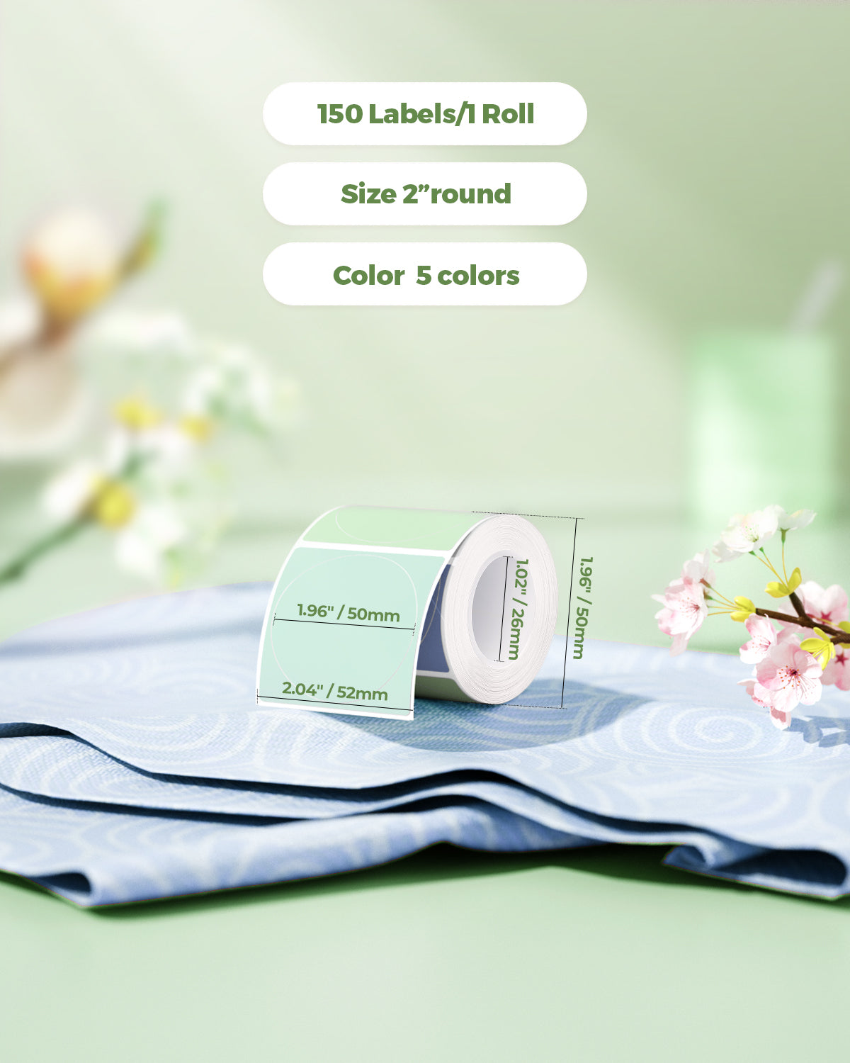 Thermal label roll 2-inch round, 150 labels, in five colors, on decorative background.