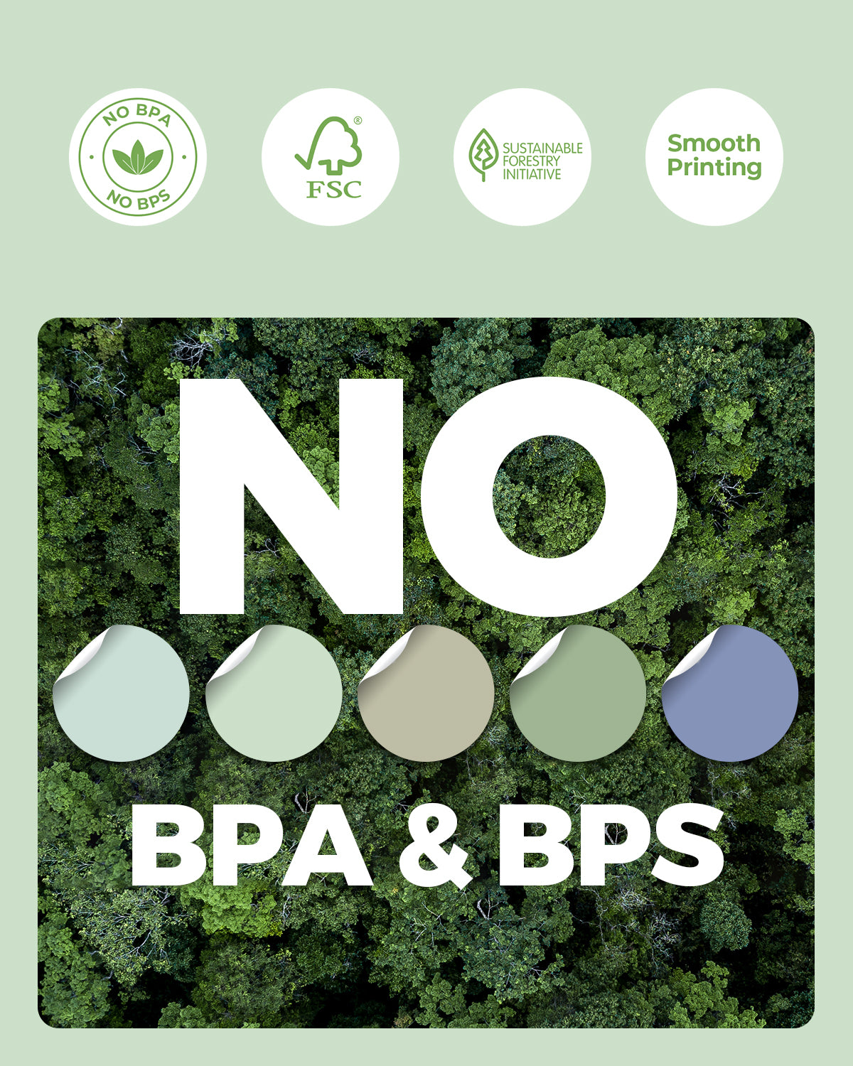 Eco-friendly thermal label benefits, BPA and BPS free, FSC and sustainable forestry icons over forest background