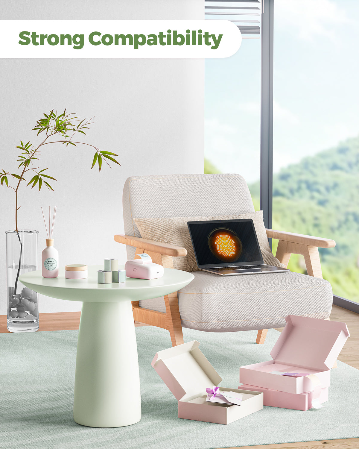 Small thermal printer on table with labels, laptop, packaging boxes in modern home office