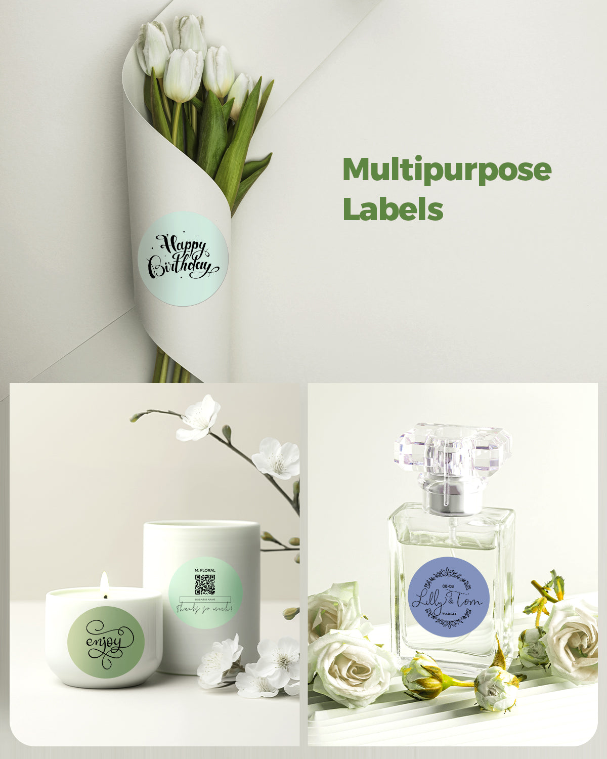 Assorted multipurpose labels on flowers, candles, and perfume bottles for packaging and gifting.