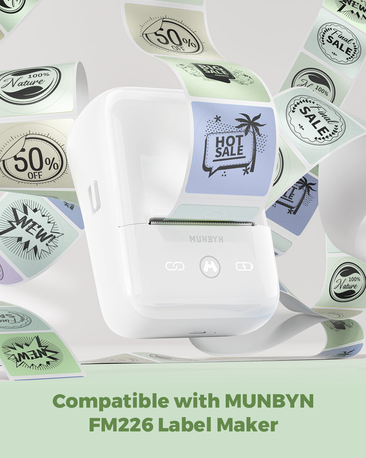 Thermal label printer with colorful printed labels for sales, discounts, and nature themes