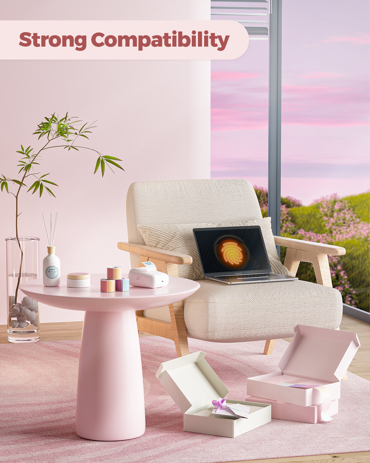 Thermal label printer on pink table with boxes, laptop, and pastel decor in modern room
