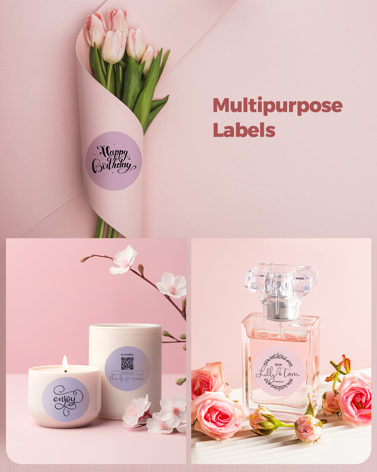 Multipurpose labels on pink tulip bouquet, candles, and perfume with floral accents