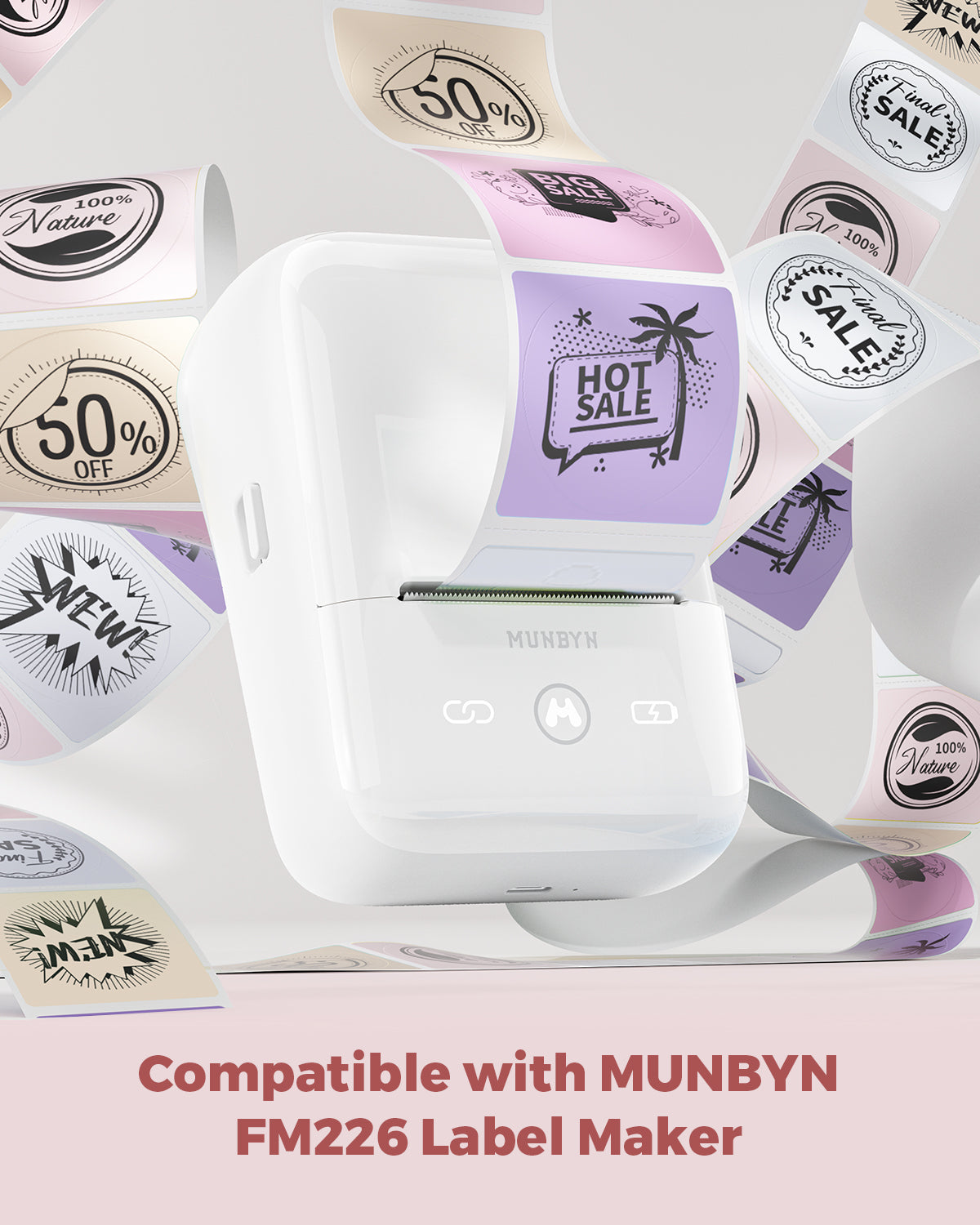 Thermal label maker printing colorful sale and discount stickers, compatible with FM226 label maker