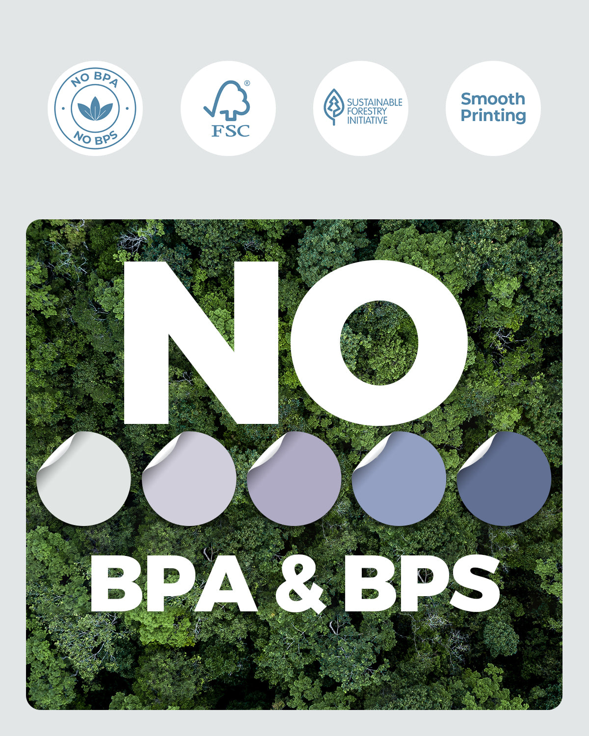 Eco-friendly thermal label features BPA and BPS free, FSC certified, smooth printing qualities.