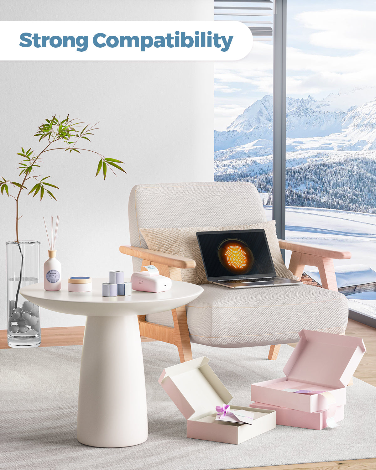 Thermal label printer and packaging boxes in modern living room with mountain view