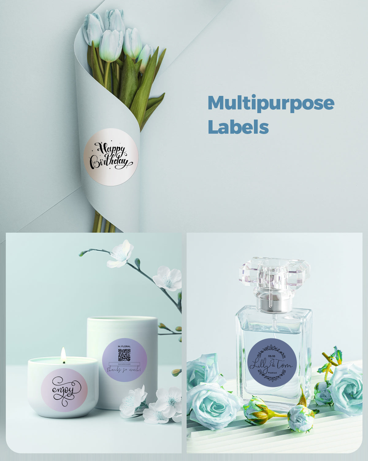 Multipurpose round labels on flower bouquet, candle, and perfume with floral decor