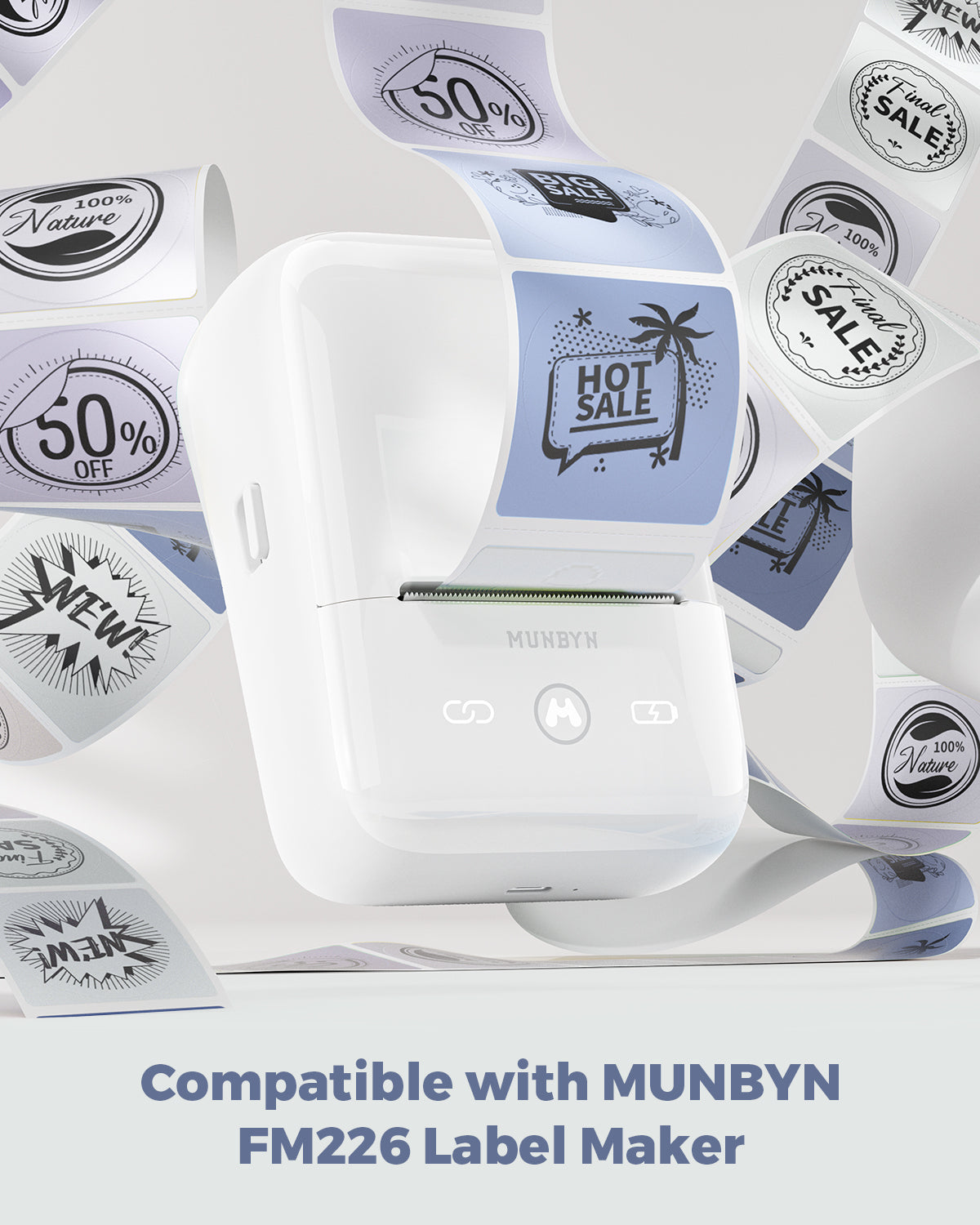 White thermal label printer printing discount and sale labels, compatible with FM226 label maker