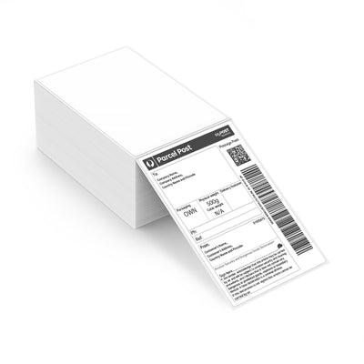Stack of blank thermal shipping labels with one showing an Australia Post parcel label.