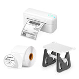 White thermal label printer, shipping label, blank label rolls, and label holder on white background