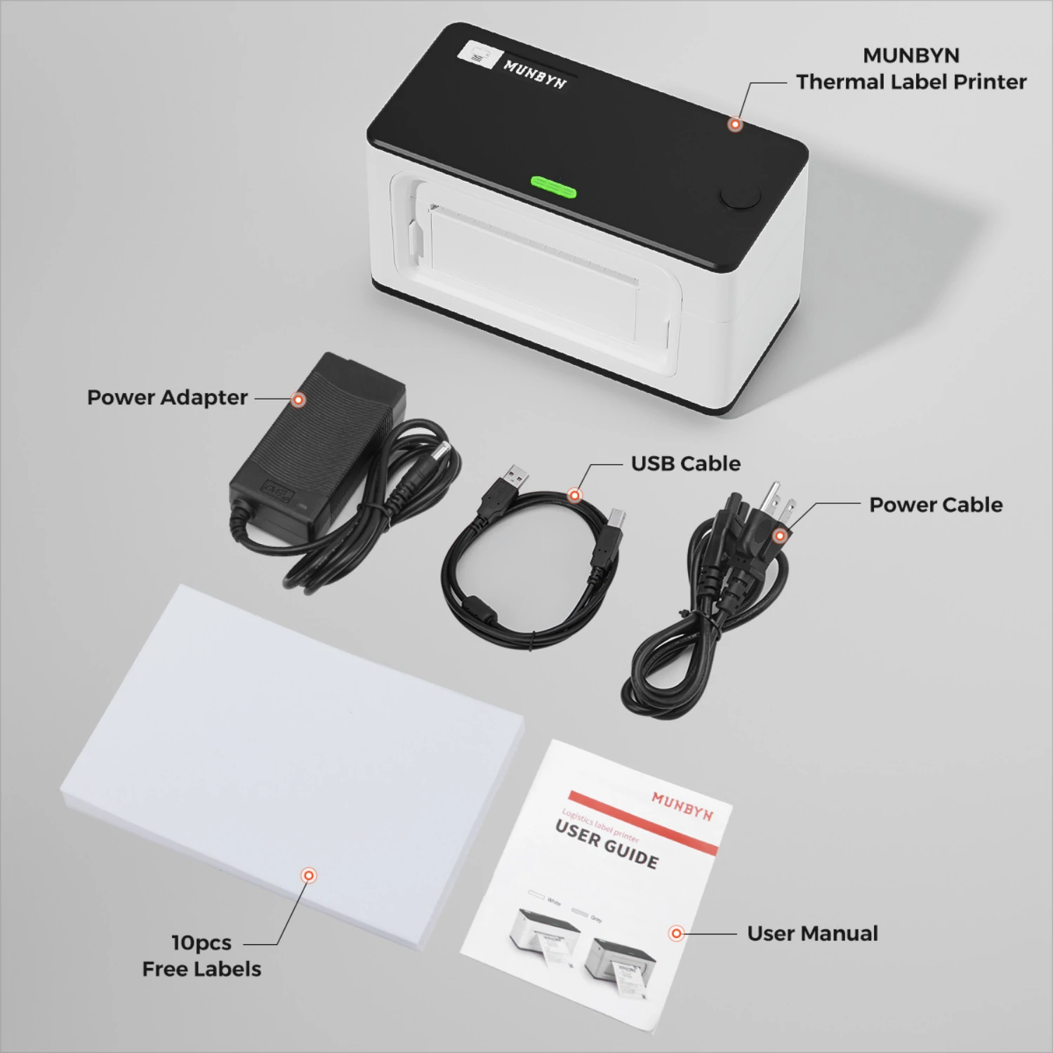 Packing List 1x Thermal Label Printer 10pcs Test Labels 1x Power Adapter 1x Power Cable 1x USB Cable 1x User Manual