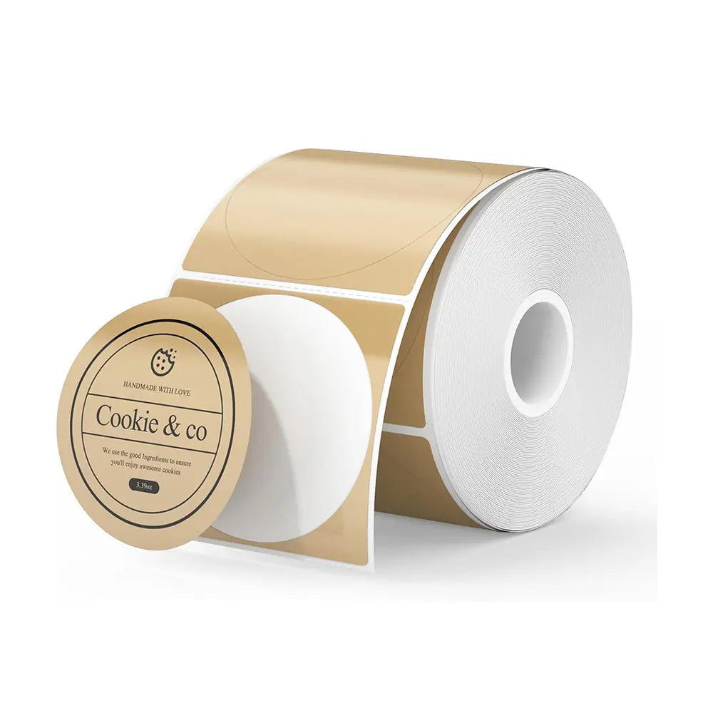 Round brown thermal labels roll for packaging or shipping, example 'Cookie & co' sticker shown