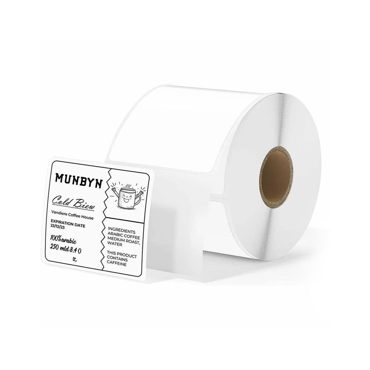White 2x2 inch square labels printed on MUNBYN label printer paper, ready for office or packaging use.