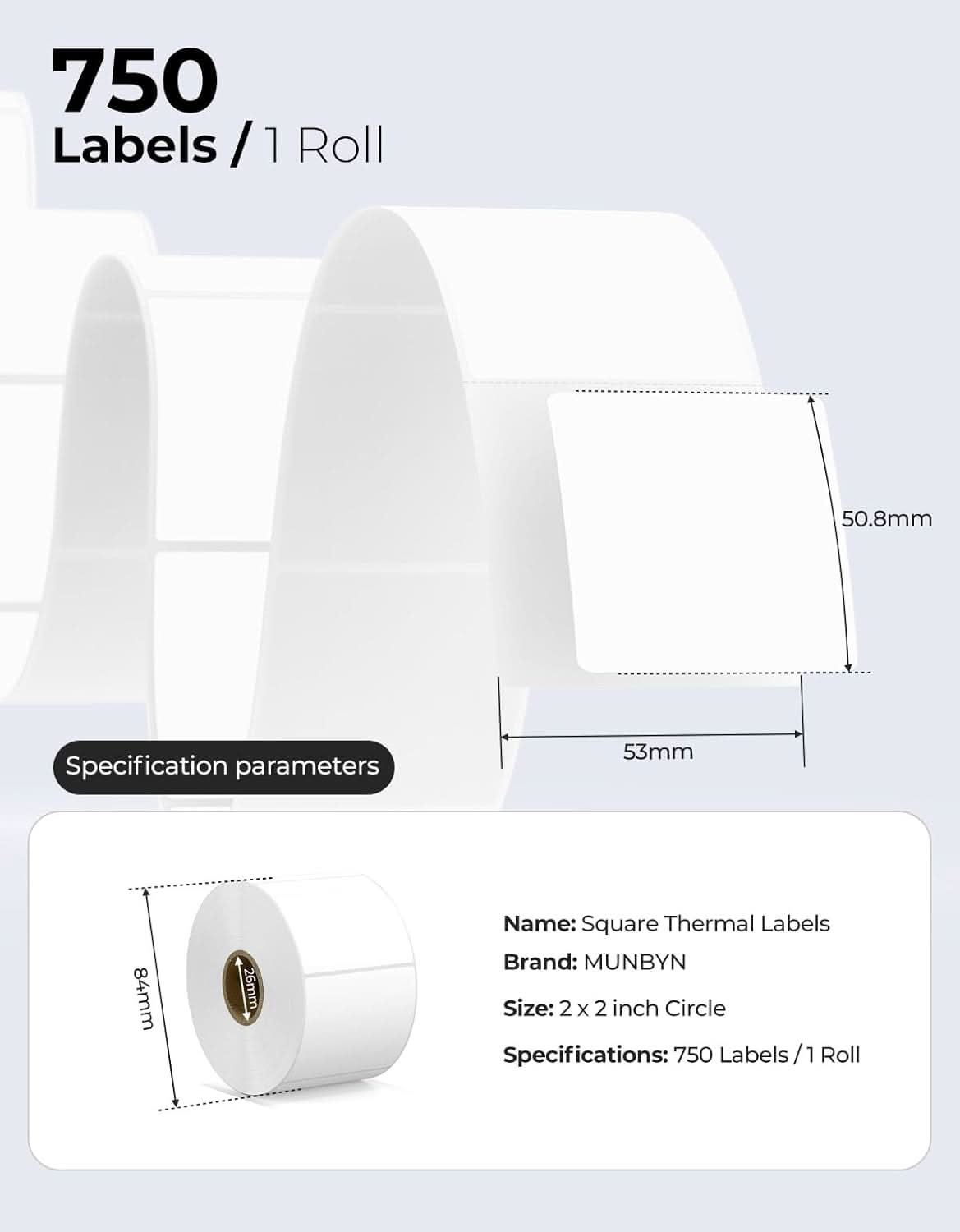 White 2x2 inch square labels printed on MUNBYN label printer paper, showing clean, blank label sheets on a white background.