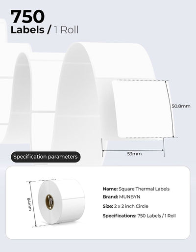 White 2x2 inch square labels printed on MUNBYN label printer paper, showing clean, blank label sheets on a white background.
