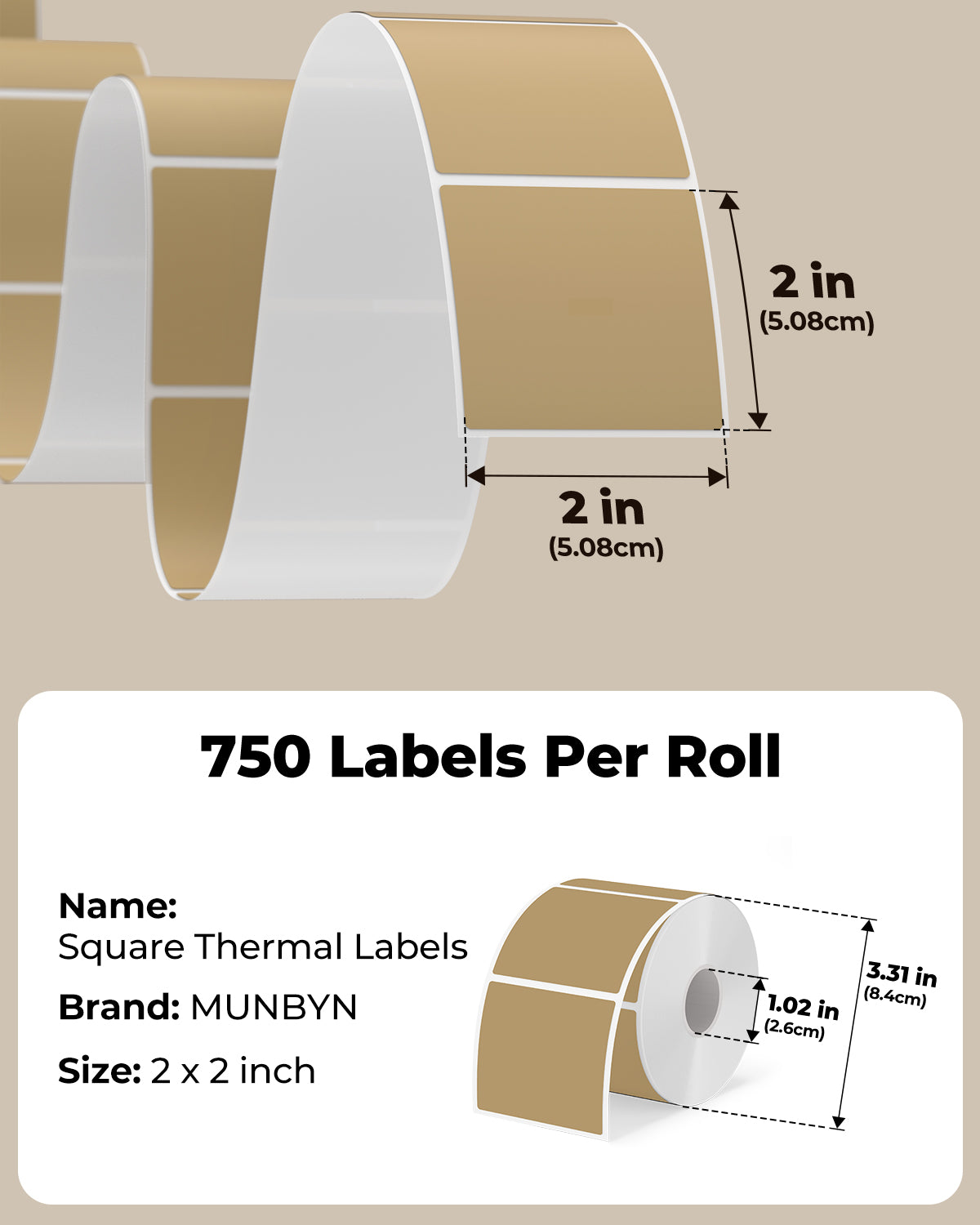 Square 2x2 inch labels printed on MUNBYN label printer paper, shown in the image.