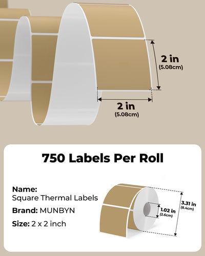 Square 2x2 inch labels printed on MUNBYN label printer paper, shown in the image.