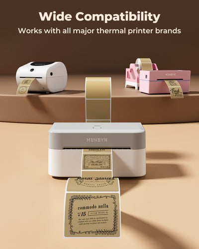 Square 2x2 inch label printer paper by MUNBYN, shown in the image with white labels on a sheet.