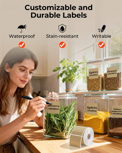 Square 2x2 inch labels printed on MUNBYN label printer paper, shown in a close-up image with clean, white label sheets.