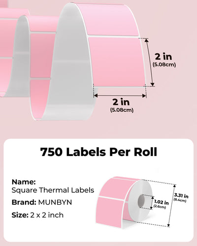 Square 2x2 inch labels printed on MUNBYN label printer paper, ready for organization or mailing purposes.