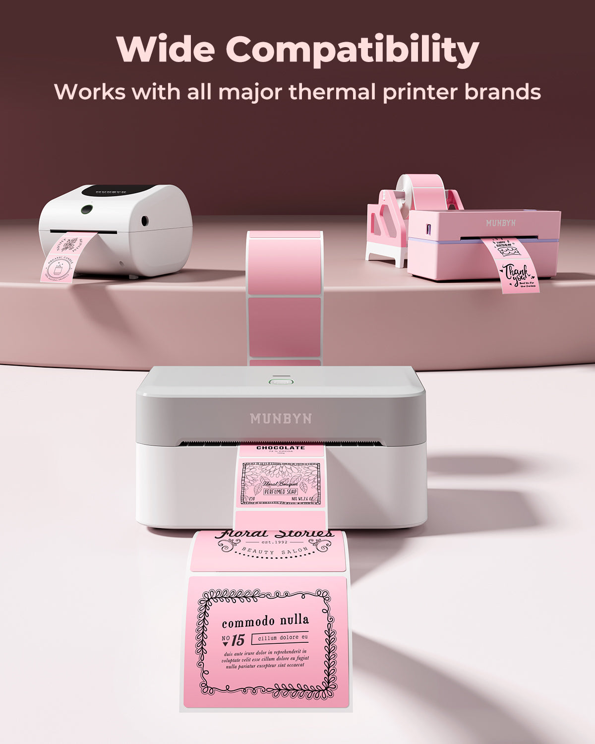 Square 2x2 inch labels printed on MUNBYN label printer paper, shown in a close-up image.