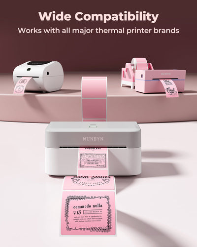 Square 2x2 inch labels printed on MUNBYN label printer paper, shown in a close-up image.