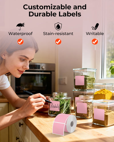 Square 2x2 inch labels printed on MUNBYN label printer paper, shown in a close-up image with multiple labels on a sheet.