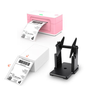 The MUNBYN P941 Pro cheap printer kit includes a thermal printer, a label roll holder, and a stack of 4x6 shipping labels.