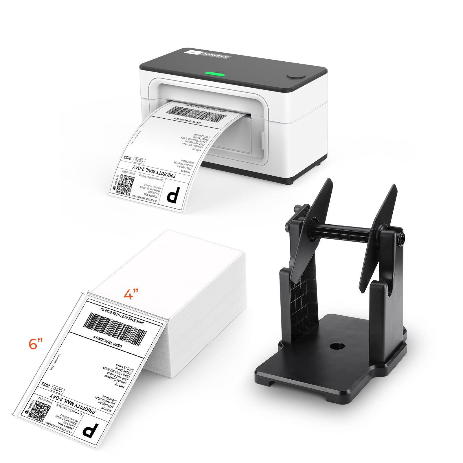 The MUNBYN P941 Pro cheap printer kit includes a thermal printer, a label roll holder and a stack of 100mm x 150mm shipping labels.