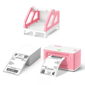 The MUNBYN Pink Thermal Printer Kit includes a stack of shipping labels, a pink label holder and a pink thermal printer.