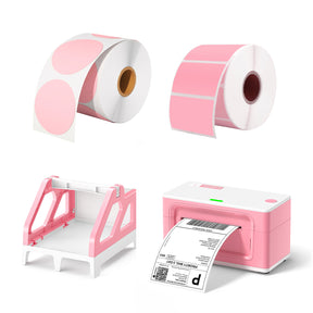 The MUNBYN pink thermal printer kit includes two rolls of pink labels, a pink label holder and a pink thermal printer.