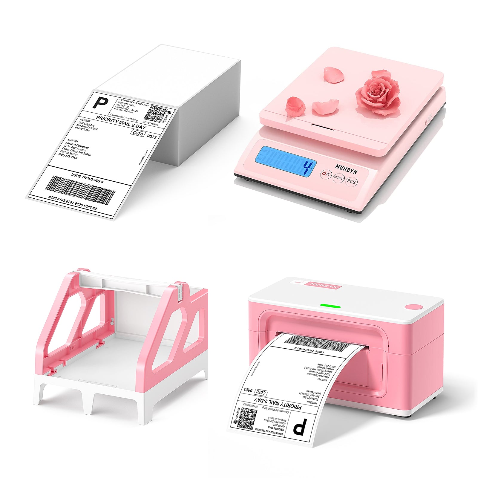 The MUNBYN pink thermal printer kit includes a stack of shipping labels, a pink postage scale, a pink label holder and a pink thermal printer.