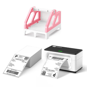 The MUNBYN white thermal printer kit includes a stack of shipping labels, a pink label holder and a white thermal printer.
