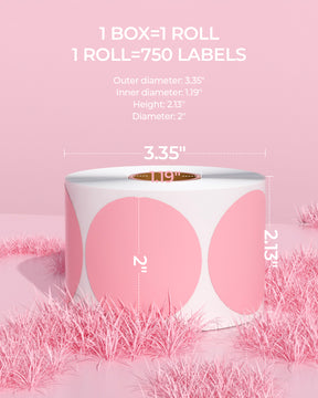 Pink thermal round labels have 750 labels per roll, and the label size is 50mm.