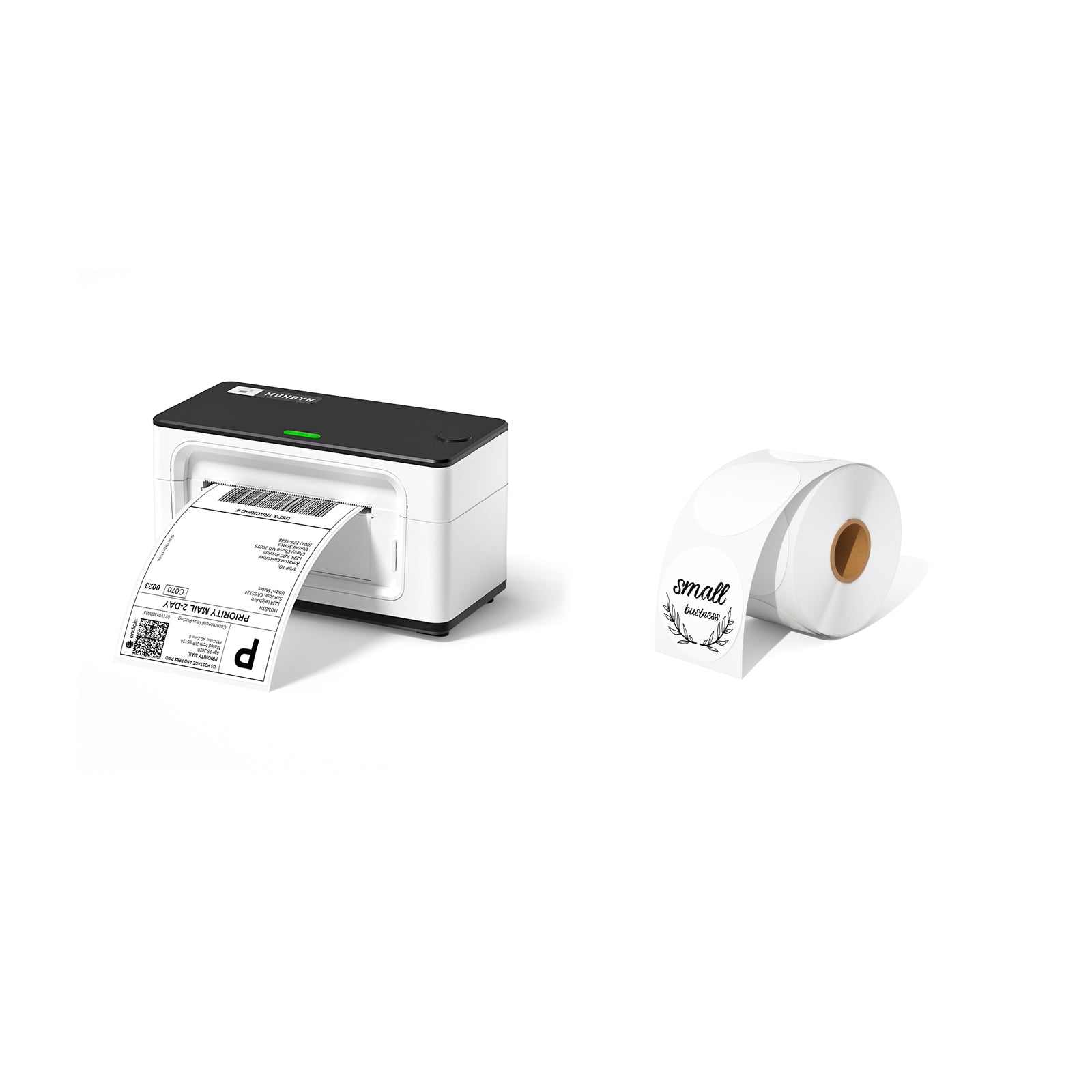 The MUNBYN P941 Pro cheap printer kit includes a thermal printer and a stack of 100mm x 150mm shipping labels.