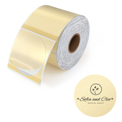 Gold round thermal label stickers roll with 'Sofia and Cleo' logo for packaging