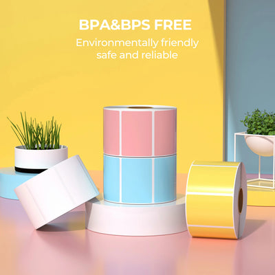 Colorful BPA and BPS free thermal label rolls displayed on a pastel background