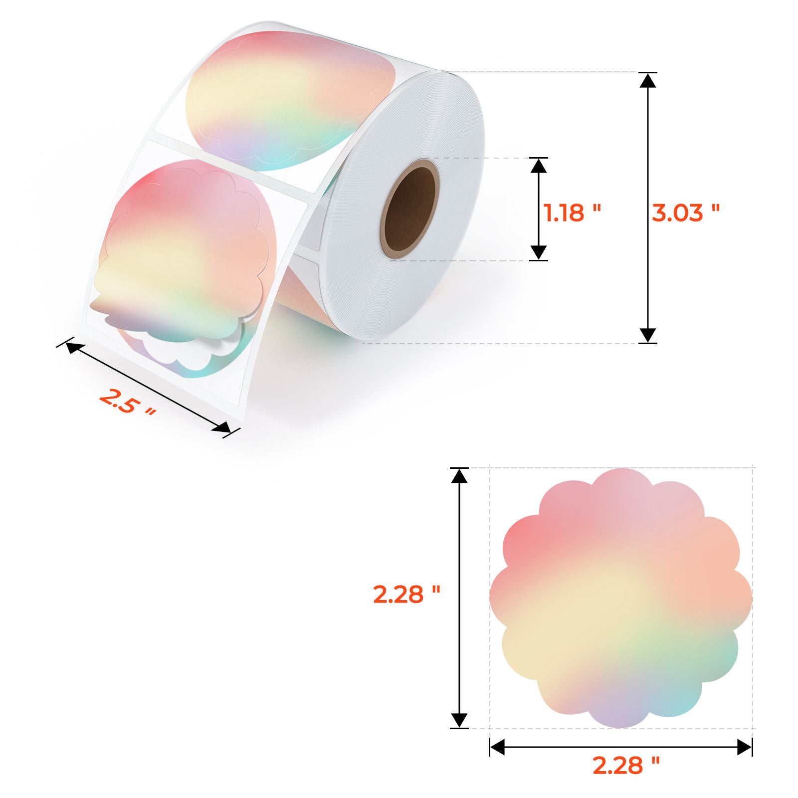 MUNBYN scalloped round thermal labels, measuring 58mm x 58mm, are perfectly sized for printing personalized stickers.