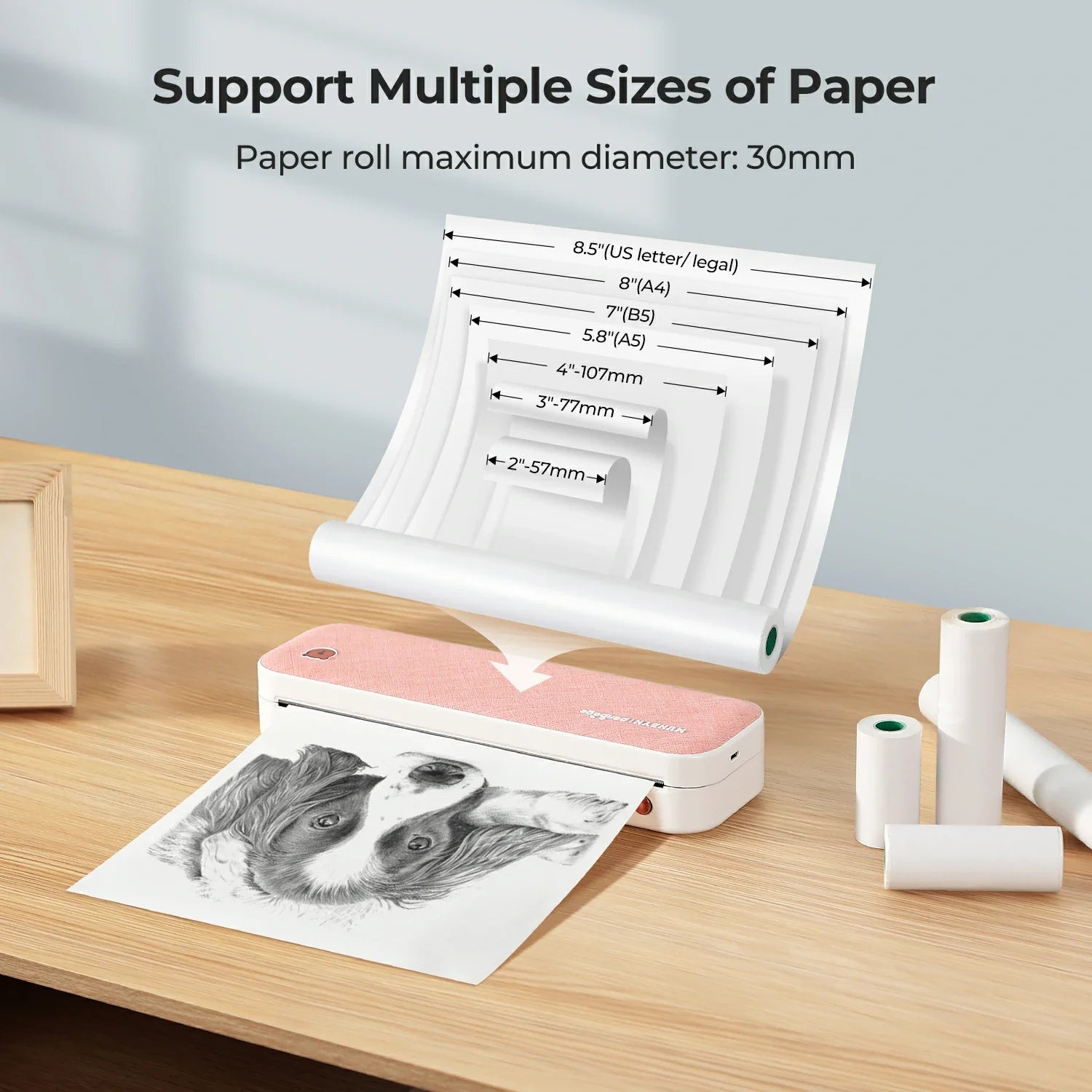 MUNBYN A4 Paper Portable Thermal Printer ITP01 supports multiple sizes of paper, from 57mm to 216mm.