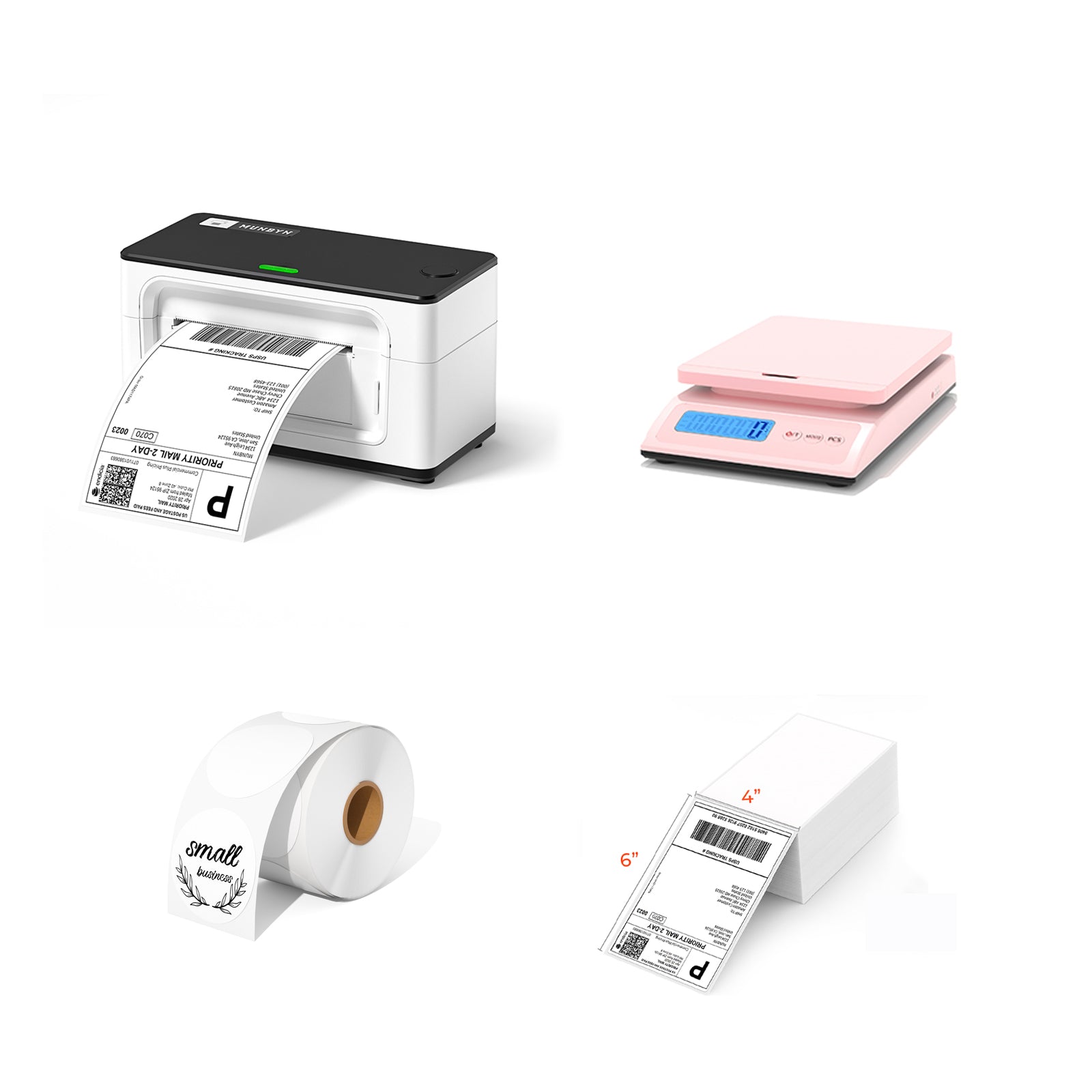 The MUNBYN P941 Pro commercial printer kit includes a thermal printer, a roll of blank circle labels, a shipping scale and a stack of shipping labels.