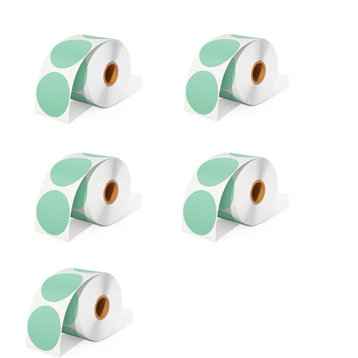 MUNBYN offers five rolls of green direct thermal round labels as a kit, with 750 labels per roll.
