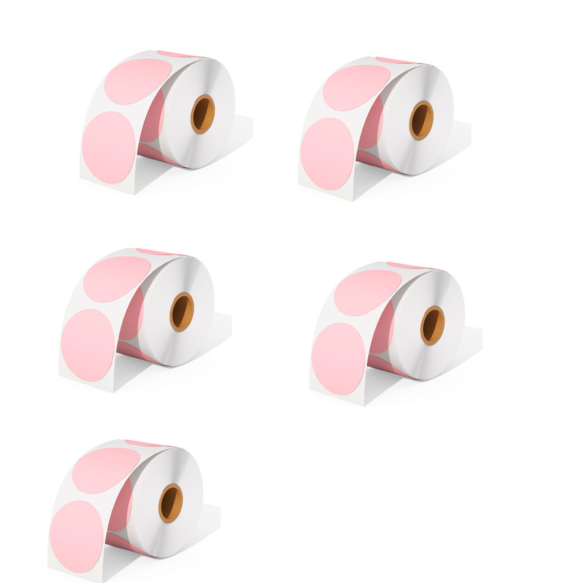 We offer five rolls of pink direct thermal round labels as a kit, with 750 labels per roll.